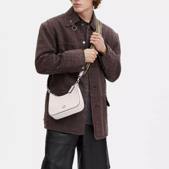 COACH Hobo pebbled leather logo strap shoulder crossbody bag - Chalk/Ivory - Picture 12 of 13